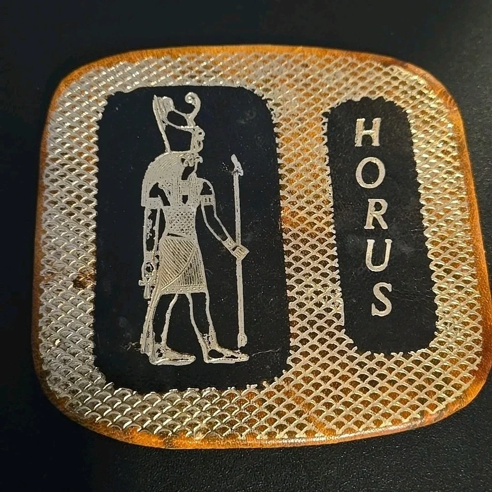 Vintage Egyptian Coasters Set of 6 Golden Leather with‎ Embossed Holder Bareware